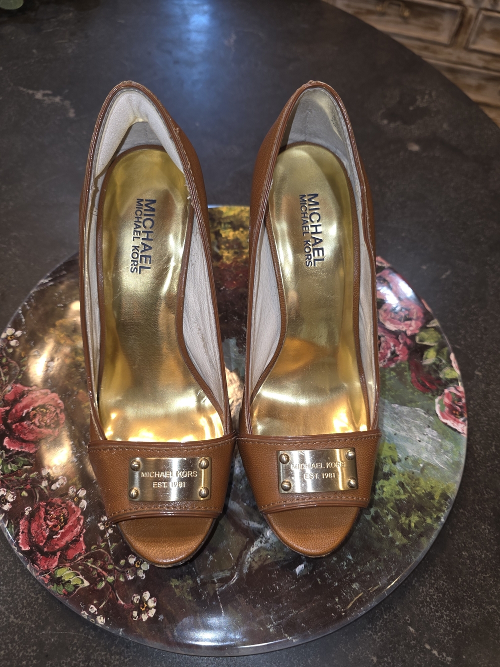 MICHAEL KORS Women's Brown Leather Peep-Toe Heels